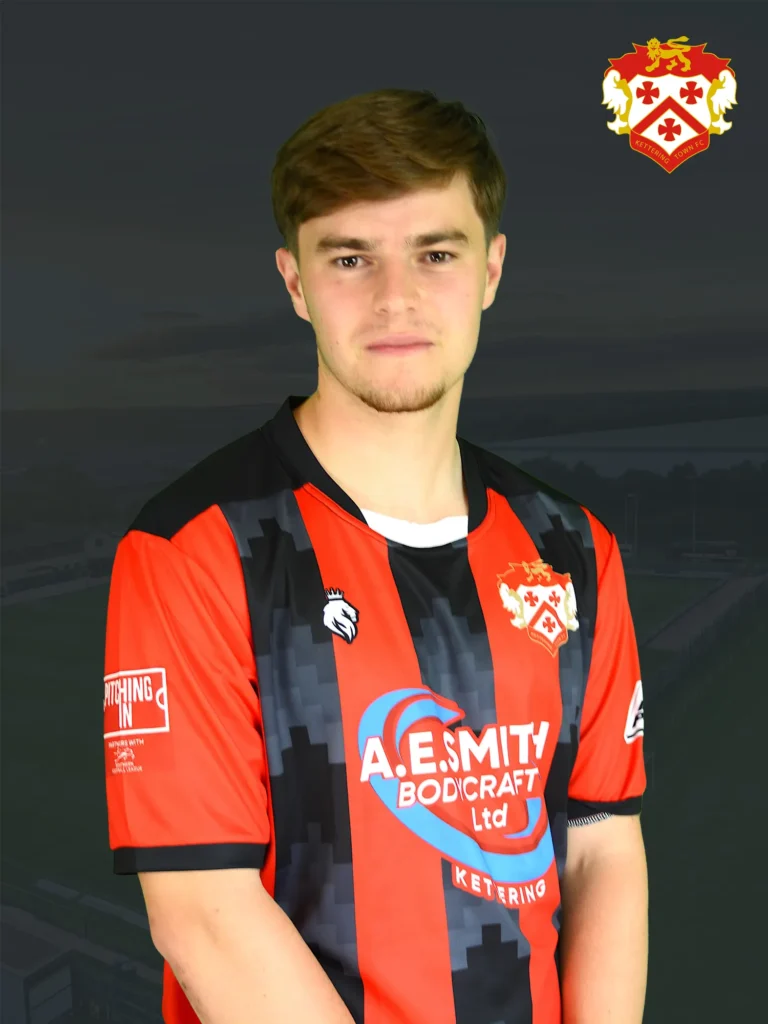 Portrait of a young man in a red-and-black striped football jersey, posed against a dark background with the club crest in the top-right corner.