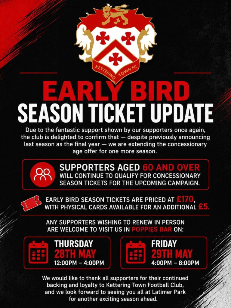 Kettering Town FC crest above bold red 'Early Bird' and white 'Season Ticket Update' text on a black textured background, announcing a ticket update.