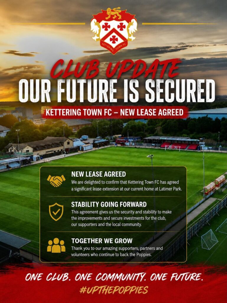 Poster announcing Kettering Town FC's new lease with the headline 'Our Future Is Secured' and club crest above a stadium scene, conveying stability and growth.