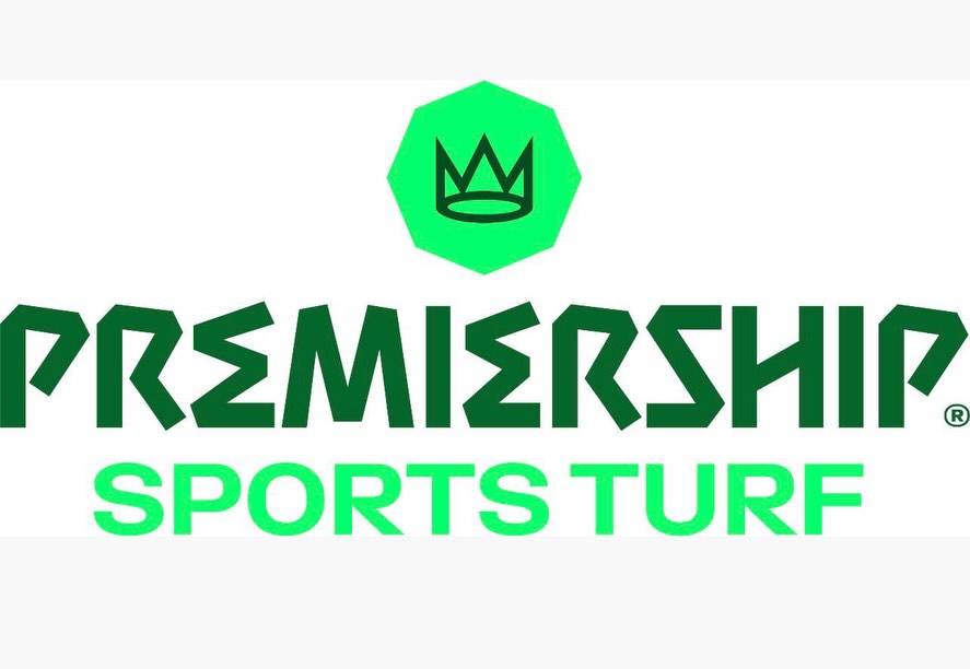 PremierShip Sports Turf logo: green crown in a hexagon above dark green 'PREMIERSHIP' and lime green 'SPORTS TURF' text.