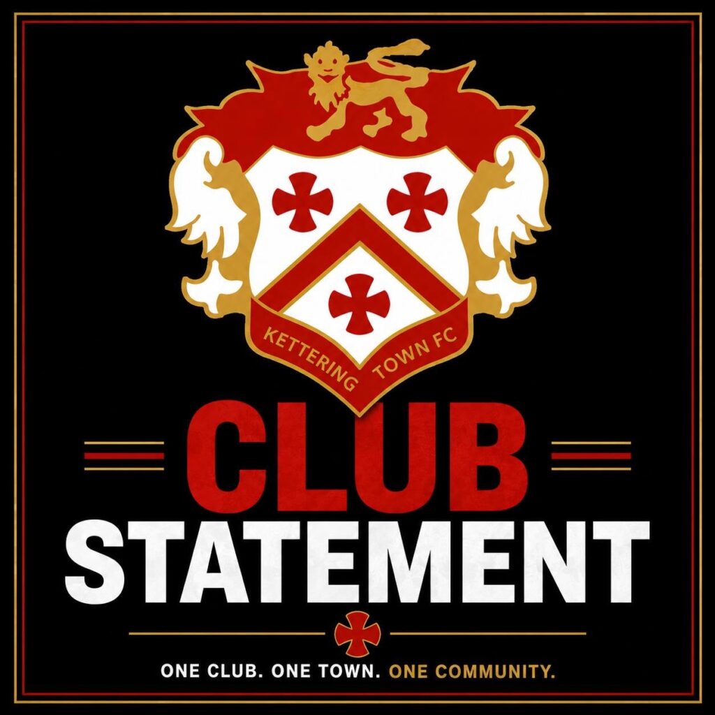Kettering Town FC crest above bold red ‘CLUB’ with white ‘STATEMENT’ text and the motto ‘One club. One town. One community.’ on a black background.