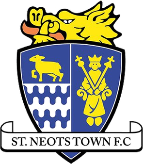 St. Neots Town F.C. crest: blue shield split left with a gold goat above white waves, right with a gold crowned figure holding a staff and cross; yellow heraldic beast above and a ribbon reading 'ST. NEOTS TOWN F.C.'