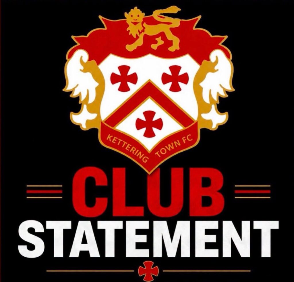 Kettering Town FC crest above bold red 'CLUB' and white 'STATEMENT' on a black background.
