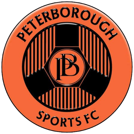 Circular Peterborough Sports FC logo: orange border with 'PETERBOROUGH SPORTS FC', black inner circle featuring a hexagonal emblem with stylized letters 'PB' and vertical stripes